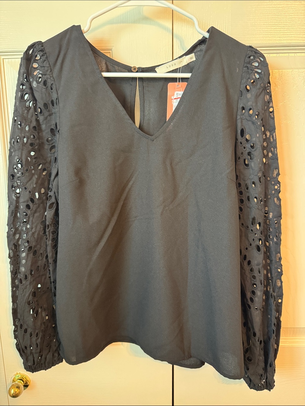 Lush Black V-Neck Eyelet Sleeve Blouse